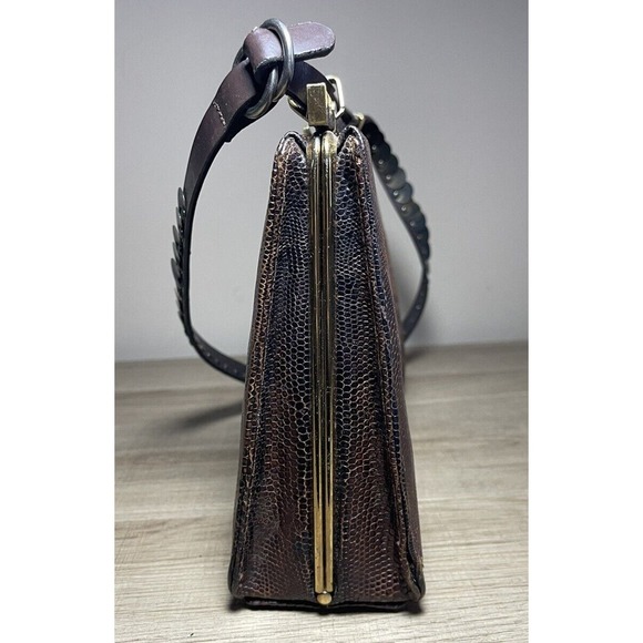 VINTAGE ESCORT BAG GENUINE LIZARD BROWN FRAME HANDBAG SATCHEL Dazzled Strap Moto - Picture 5 of 13